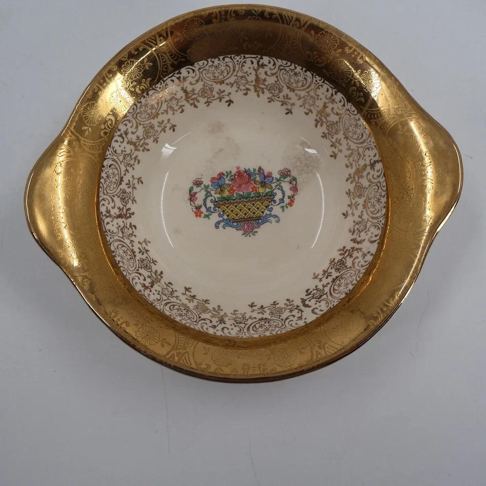 Warranted 22 Karat Gold Encrusted Floral Serving Bowl Vintage Cream 7.25in